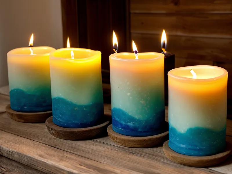 Tres velas azul, dorada y rosa encendidas, símbolo de la llama trina en un ritual de sanación ancestral