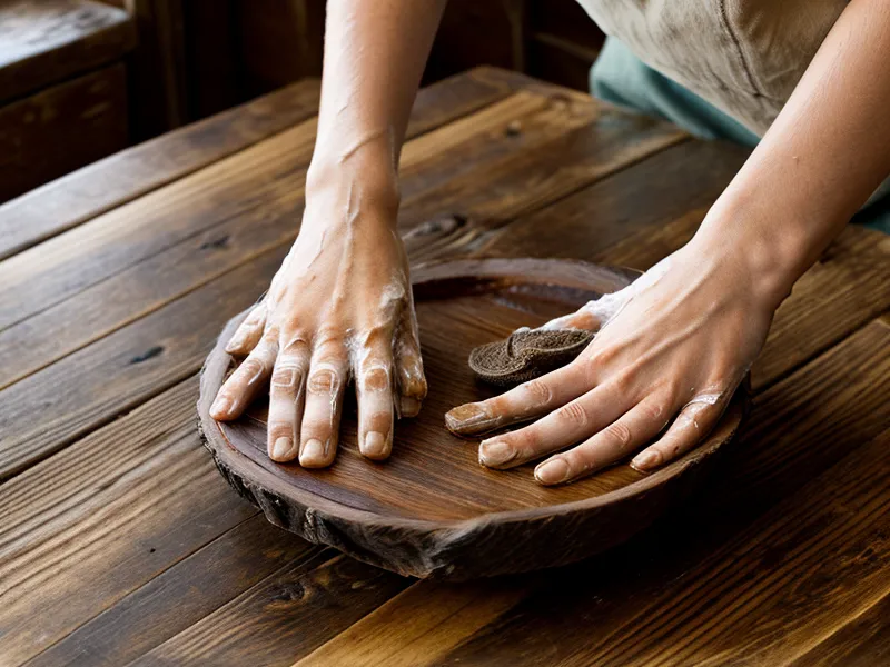 Manos limpiando una mesa de madera rústica antes de armonizar el hogar con la llama trina