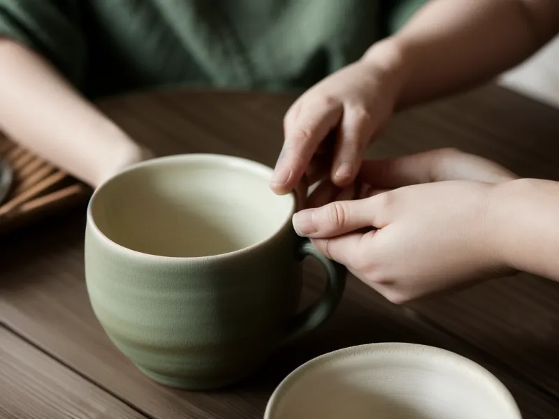 Manos sosteniendo una taza de té de hierbas con ruda sobre la mesa