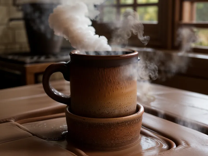 Taza de barro humeante junto a resina de copal, bienestar espiritual en la cocina de cada mañana