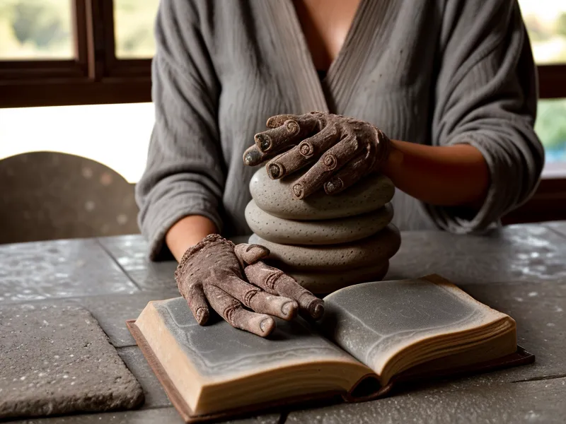Manos sosteniendo una piedra de río gris y lisa sobre una mesa de madera rústica.