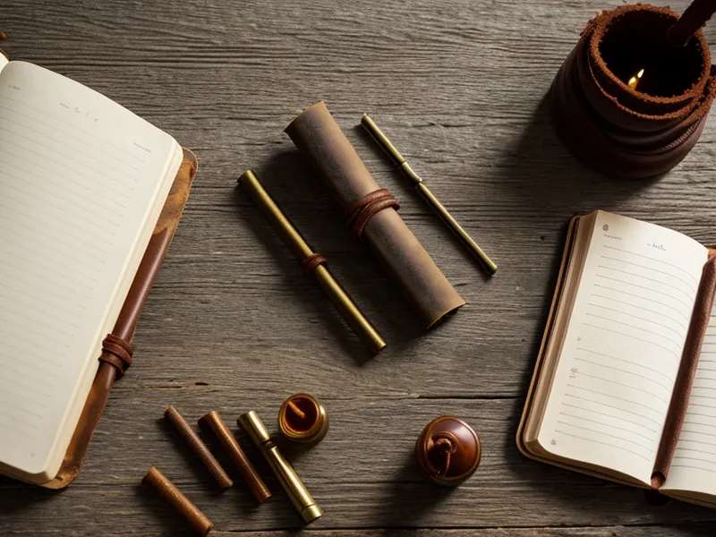 Cuaderno de cuero gastado con notas manuscritas junto a un vaso de agua.
