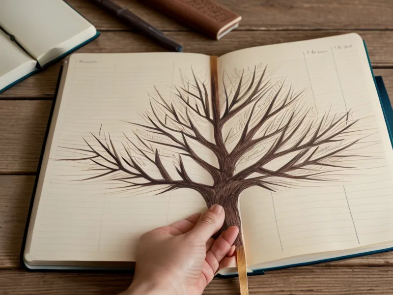 Árbol genealógico dibujado a mano con fotografías antiguas en un cuaderno de trabajo ancestral.