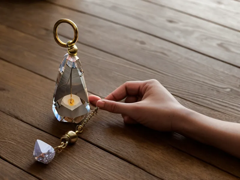 Mano sosteniendo un péndulo de cristal sobre un camino de mesa tejido, herramienta habitual en la práctica de sanación energética y linaje espiritual