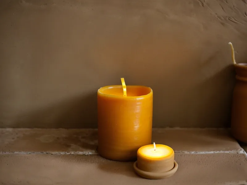 Vela de cera de abeja en soporte de barro creando sombras suaves en la pared