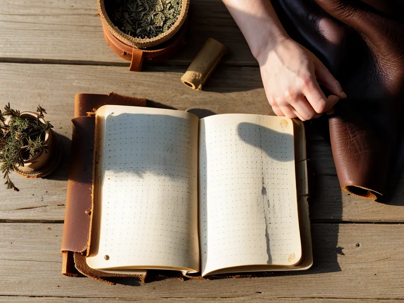 Mano escribiendo en un diario antiguo junto a hierbas secas y mate, ritual de sanación ancestral casera
