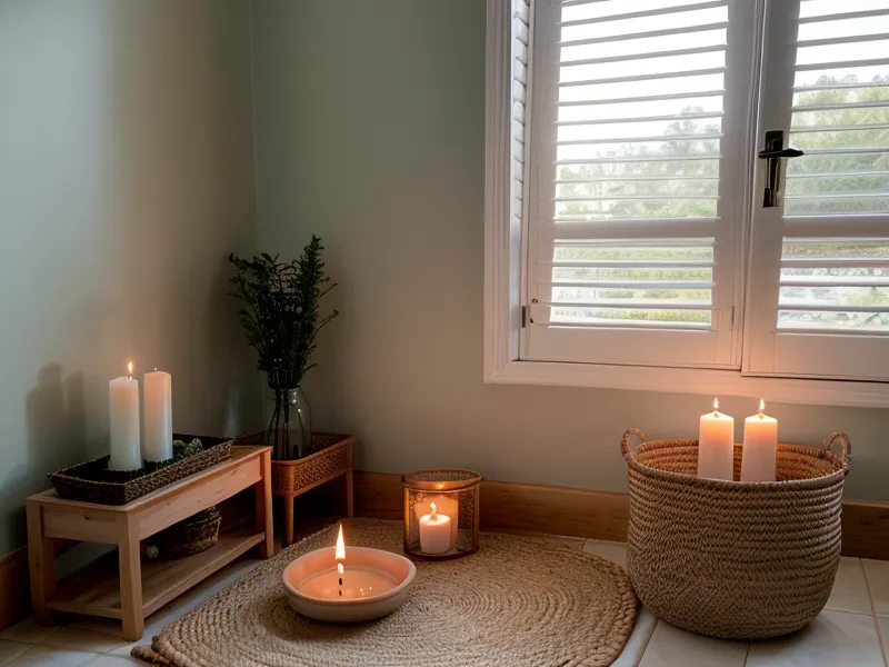 Vela blanca y vaso de agua con ruda en un altar tradicional, elementos de limpieza energética y bienestar emocional