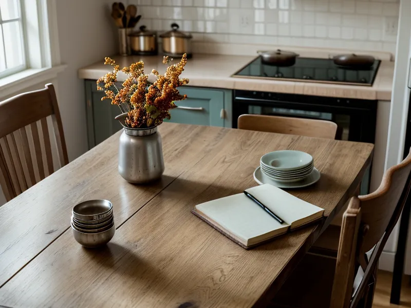Libreta de presupuesto y monedas sobre una mesa de cocina humilde.