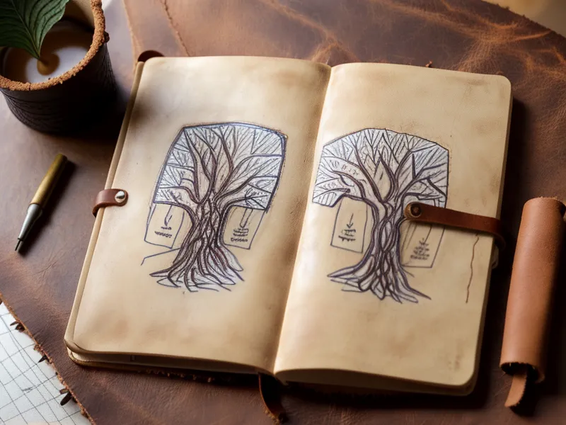 Cuaderno antiguo con dibujos de árbol genealógico y una taza de café de olla