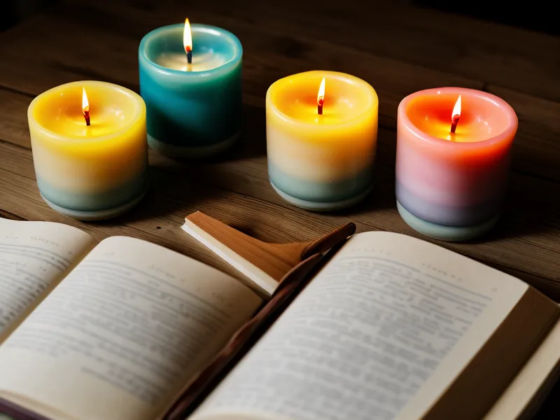 Tres velas de colores azul, dorado y rosa ardiendo en un triángulo