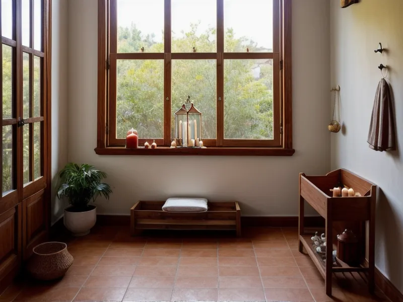 Ventana de madera entreabierta con hierbas secas en el marco, símbolo de sanación ancestral durante la lluvia en Oaxaca.