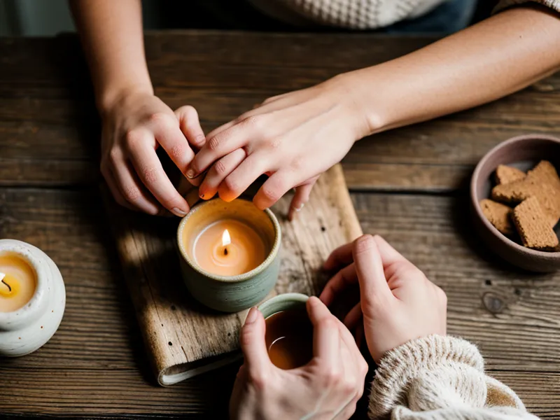 Manos de mujer revisando notas de linaje familiar junto a una taza de mate, durante un proceso de sanación ancestral y bienestar emocional