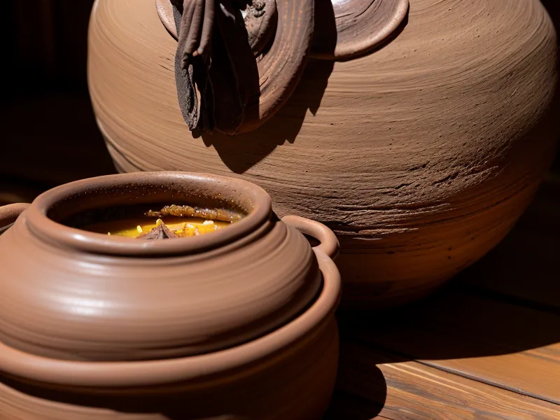 primer plano de una cazuela de barro con resina de copal humeante