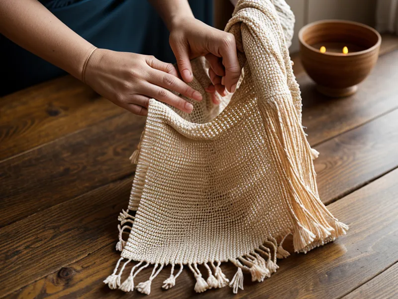 Manos de mujer tocando un rebozo tradicional mexicano antiguo sobre una mesa de madera, símbolo de sanación ancestral y herida materna